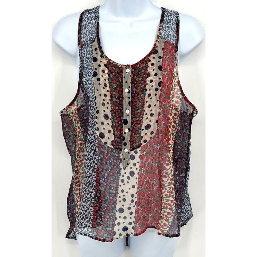Vanilla Star Sz L Semi-sheer Tank Boho Patchwork Red Blue Laid Back Dreamy Artsy
